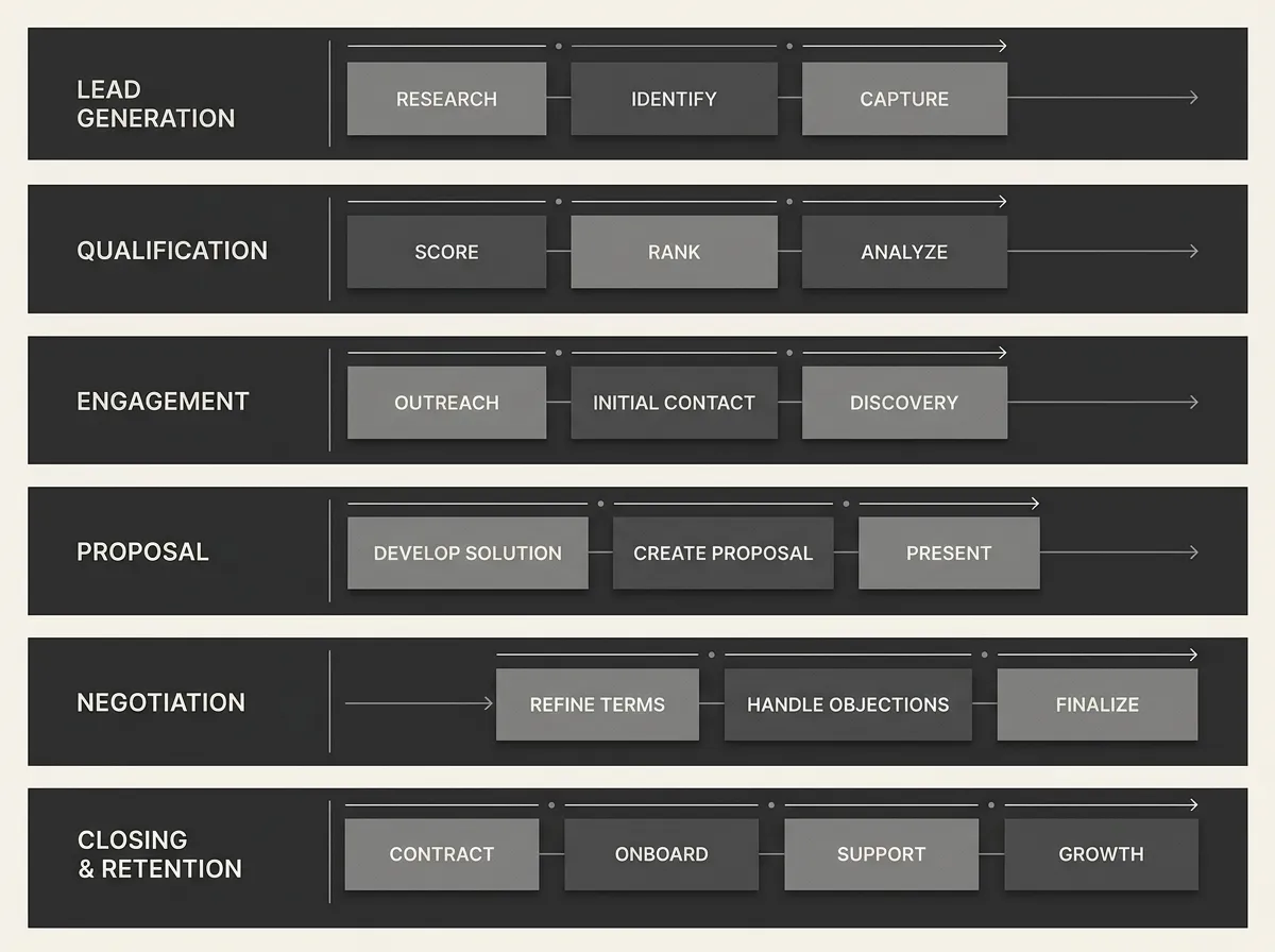 Monochrome system abstraction diagram representing CRM opportunity pipeline stages and deal velocity tracking