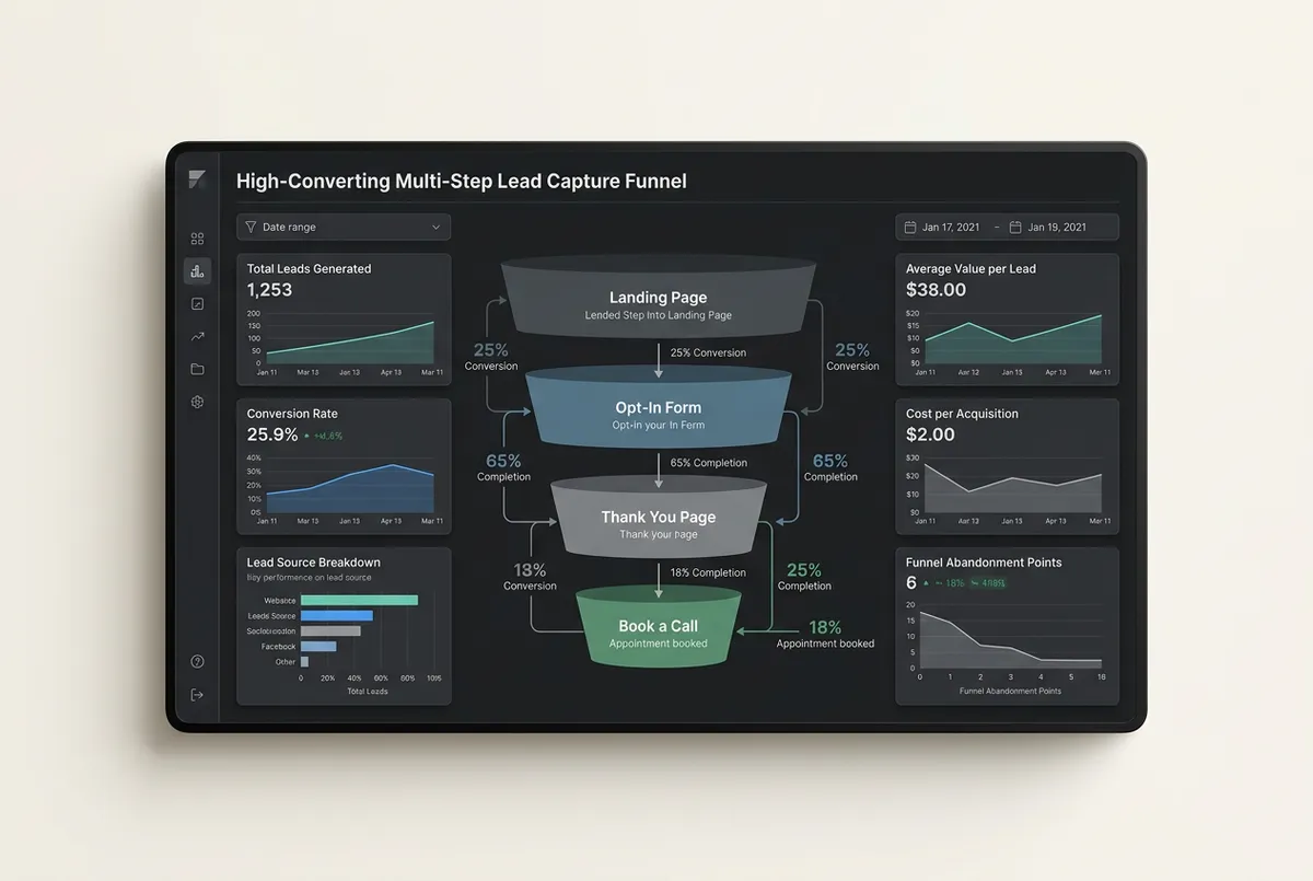 High-converting multi-step lead capture funnel with conversion analytics
