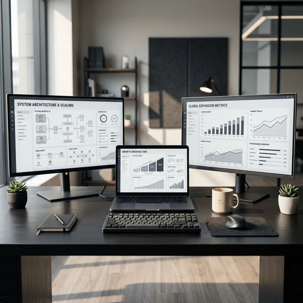 Modern tech workspace with multiple monitors displaying growth architecture, operational workflows, and analytics dashboards