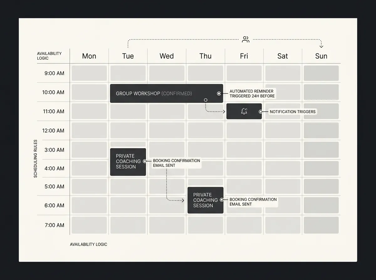 Minimalist graphic abstraction of two-way synchronized appointment calendar availability grid and booking logic
