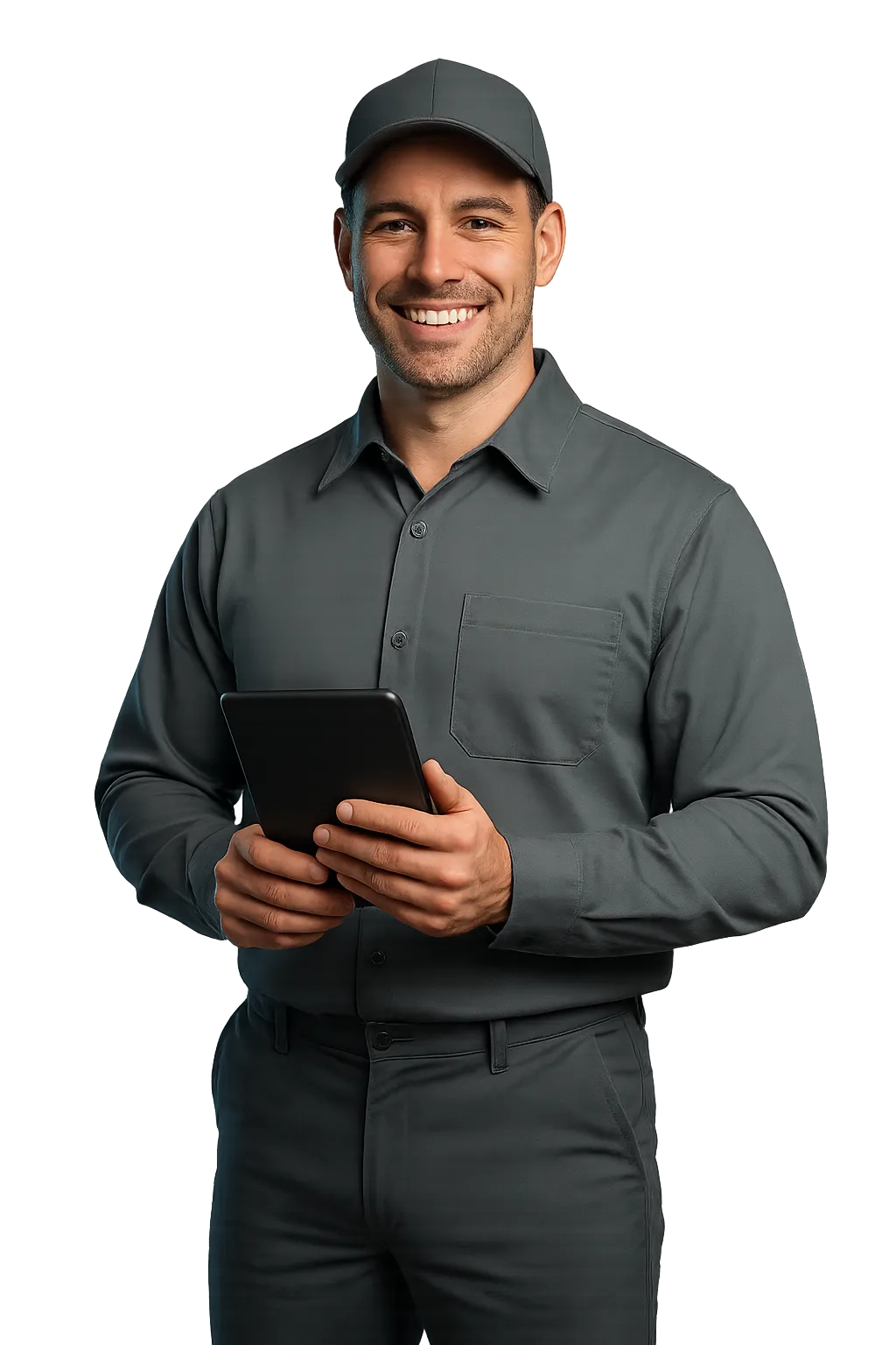 Certified professional home service technician in uniform with inspection tablet