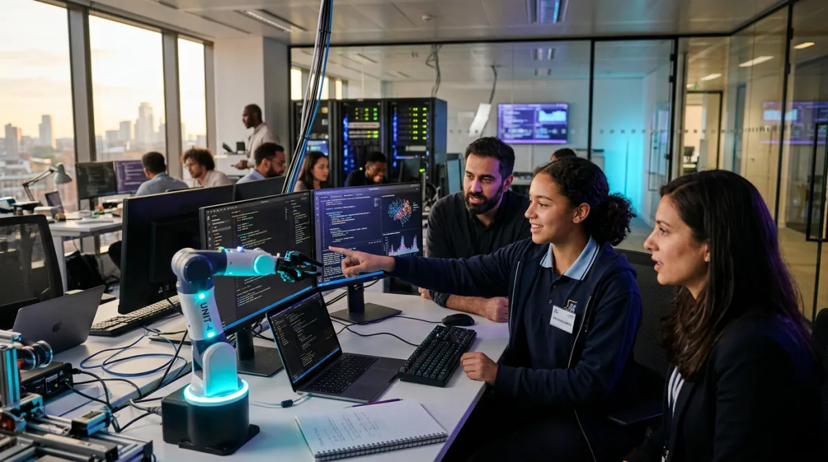 A high school student actively collaborating in an advanced AI industry lab alongside engineering mentors