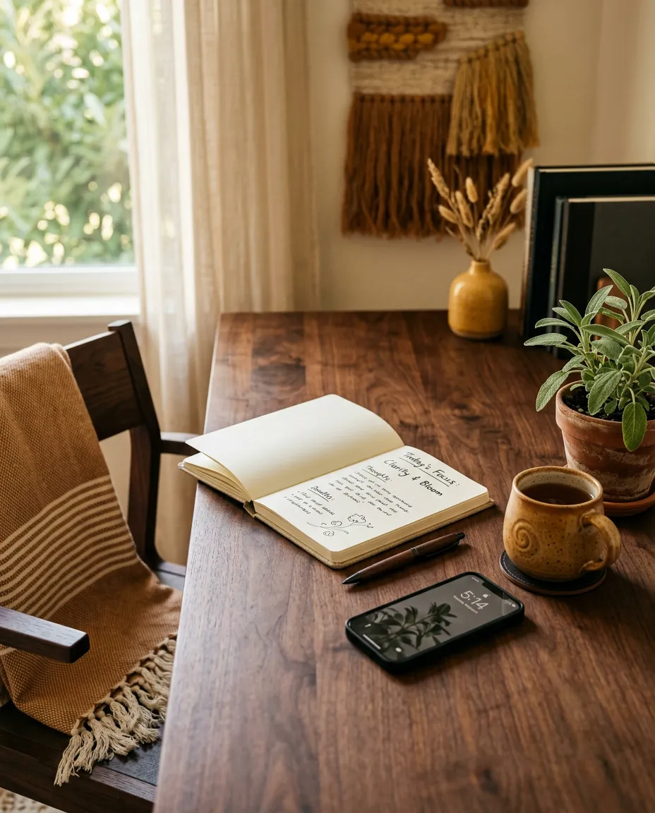 Warm modern boho creative office workspace with sunlight and organic textures