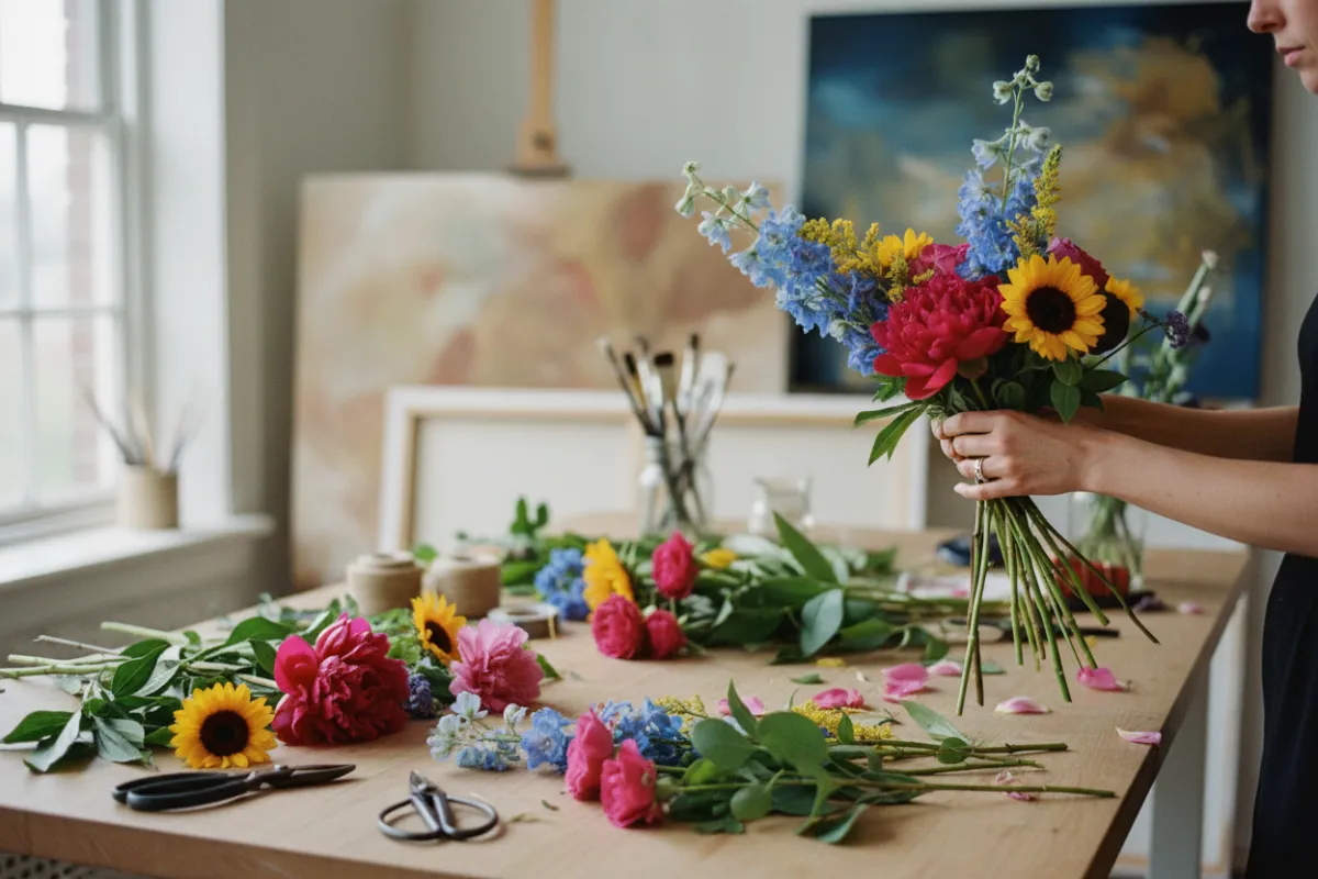 Una mesa de trabajo con herramientas de floristería, flores frescas de colores vibrantes y manos femeninas arreglando un ramo, luz natural suave, fondo de estudio artístico, composición profesional, ambiente inspirador, estilo editorial, enfoque en la creatividad y el detalle artesanal.