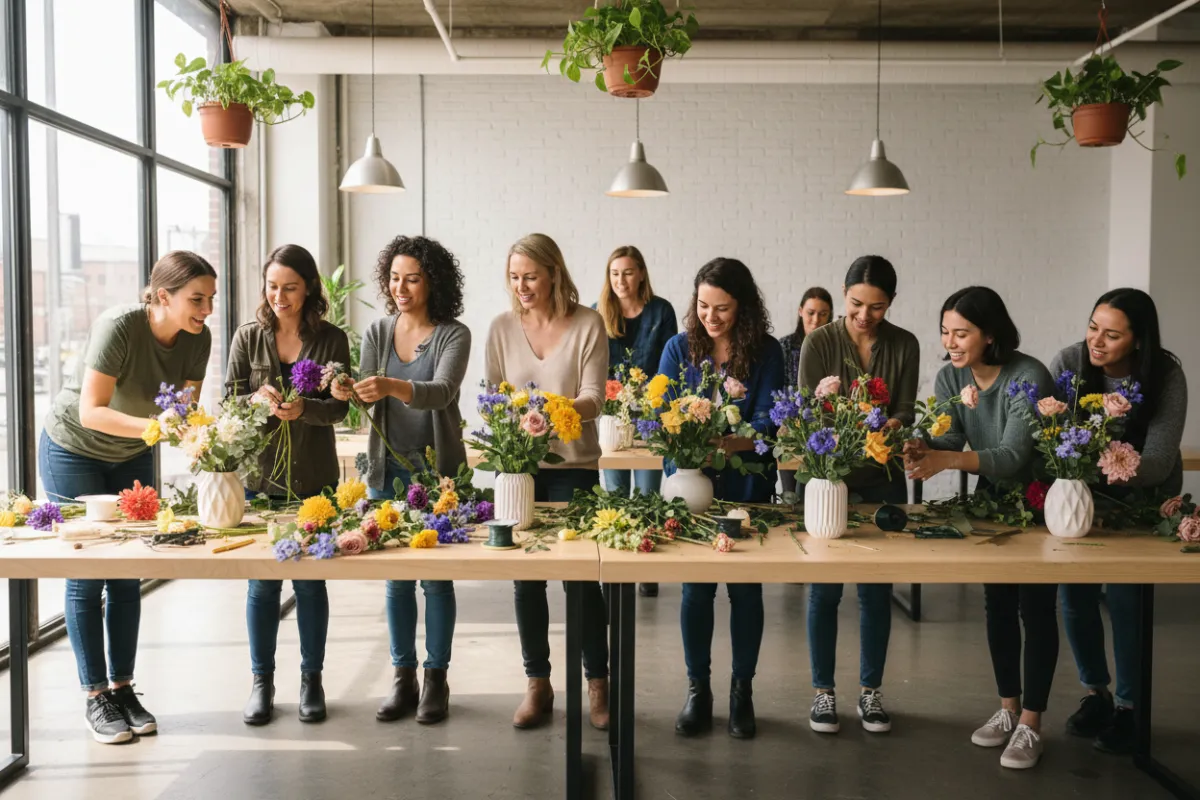 Grupo diverso de adultos practicando técnicas florales intermedias, trabajando en mesas con materiales variados, ambiente colaborativo y moderno, luz natural