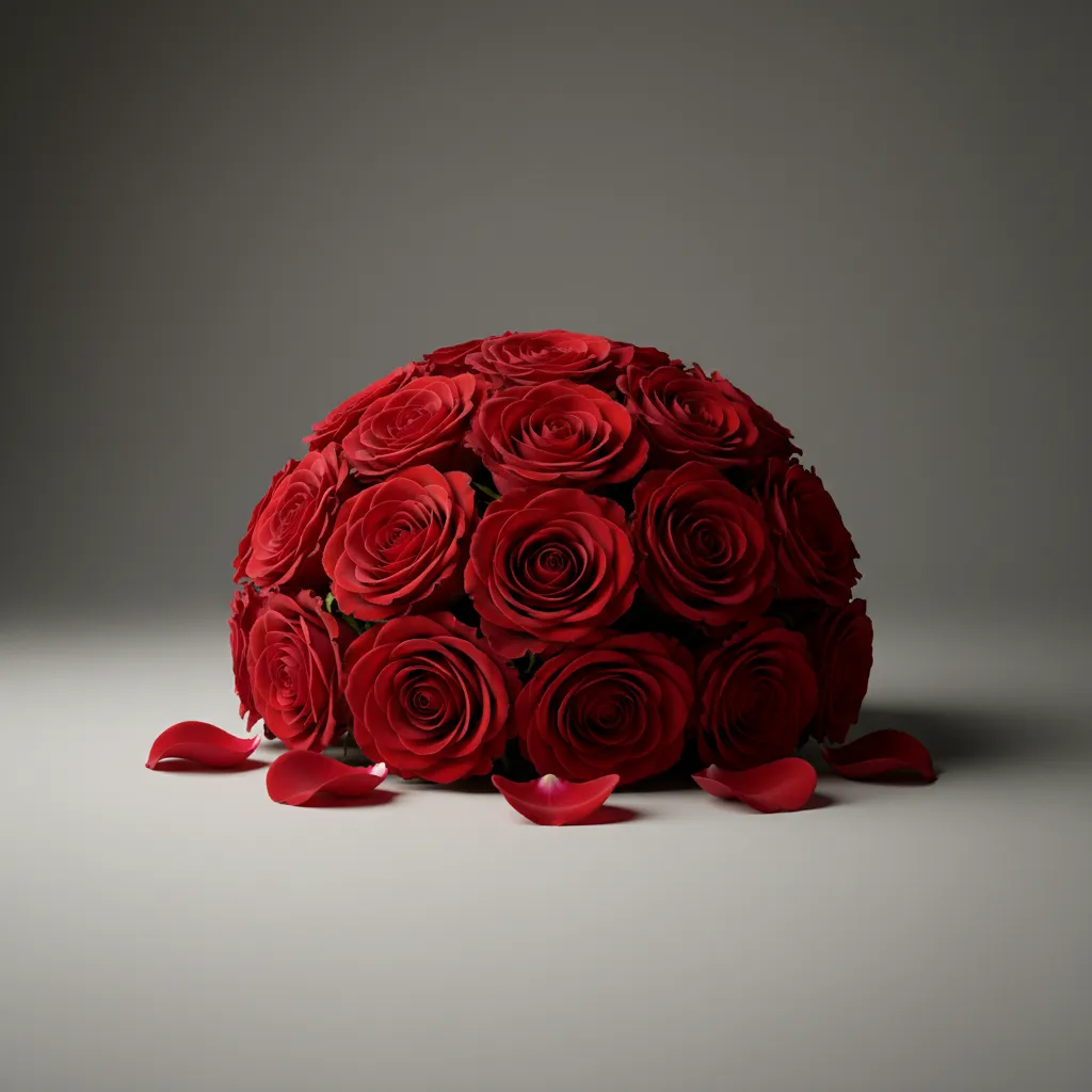 Arreglo de rosas rojas de lujo sobre fondo gris mate, estilo editorial.