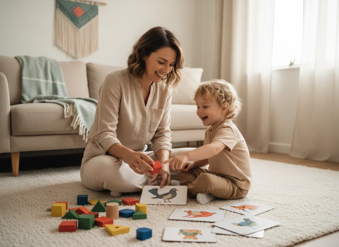Smiling child playing with therapist