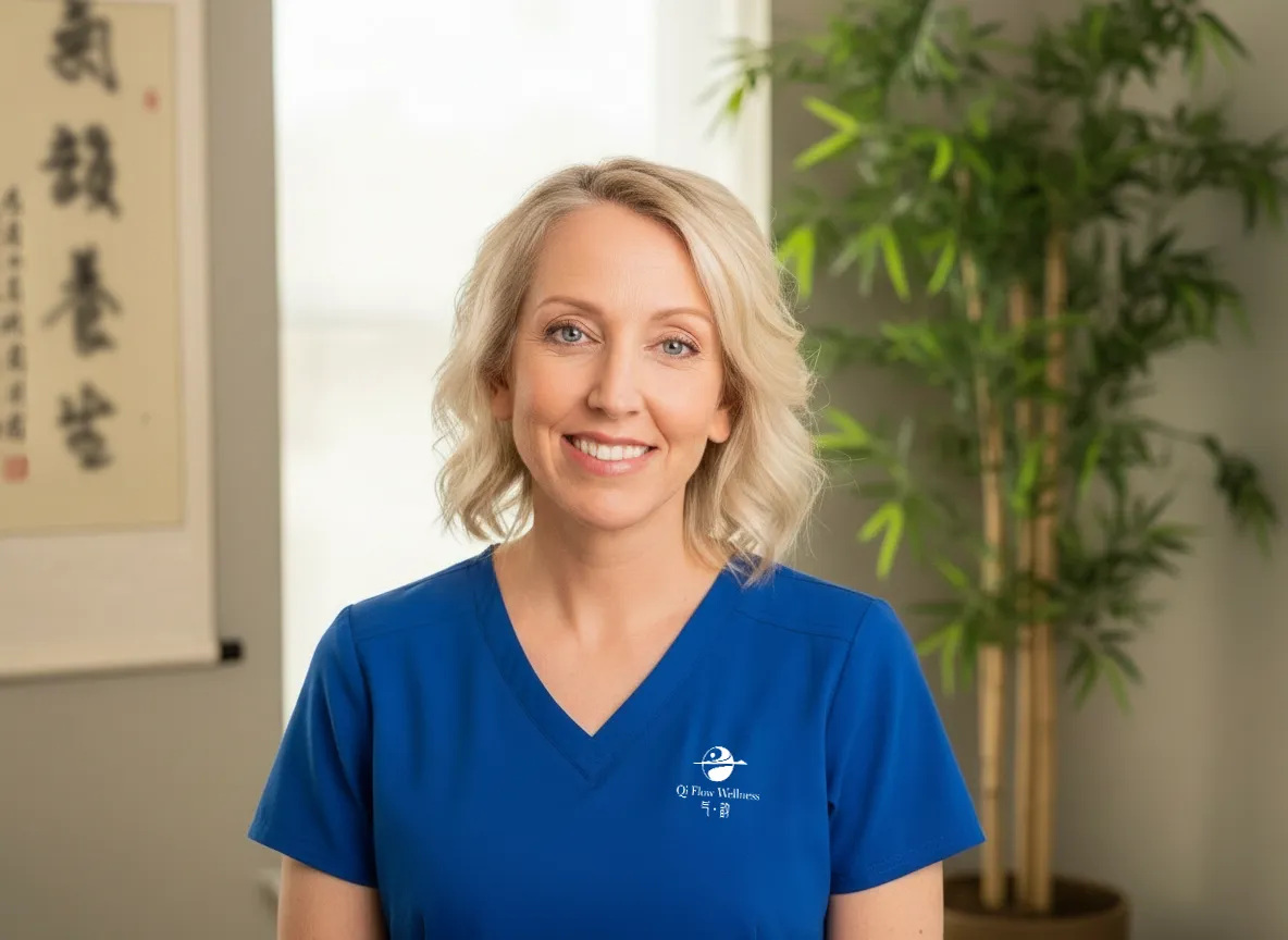 Portrait of massage therapist Naomi Greenshields smiling warmly in a calming studio