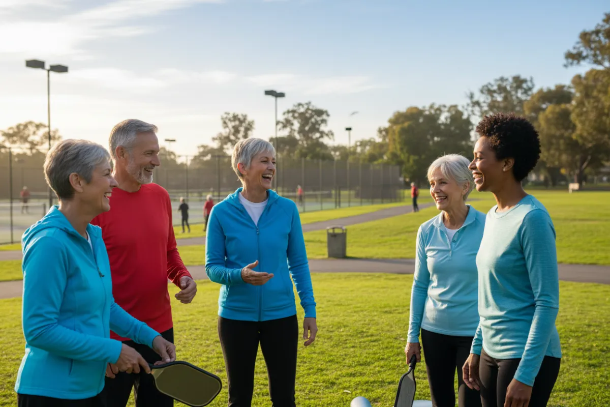 Active adults aged 55+ participating in a group outdoor activity or community sports event, conveying movement and inclusivity — Second Set Living community