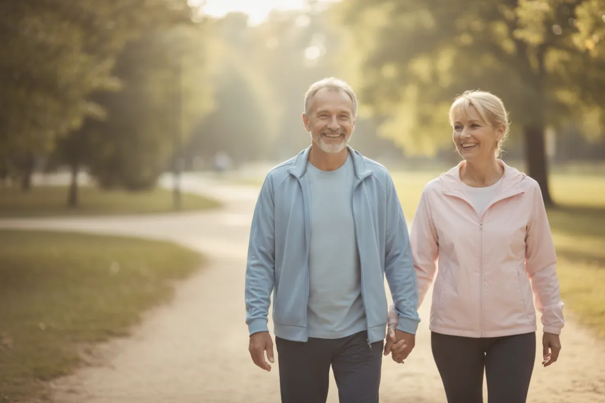 Two active older adults walking together outdoors, smiling