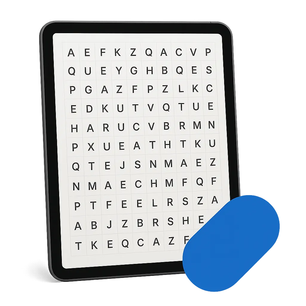 Digital tablet displaying the premium tennis word search grid