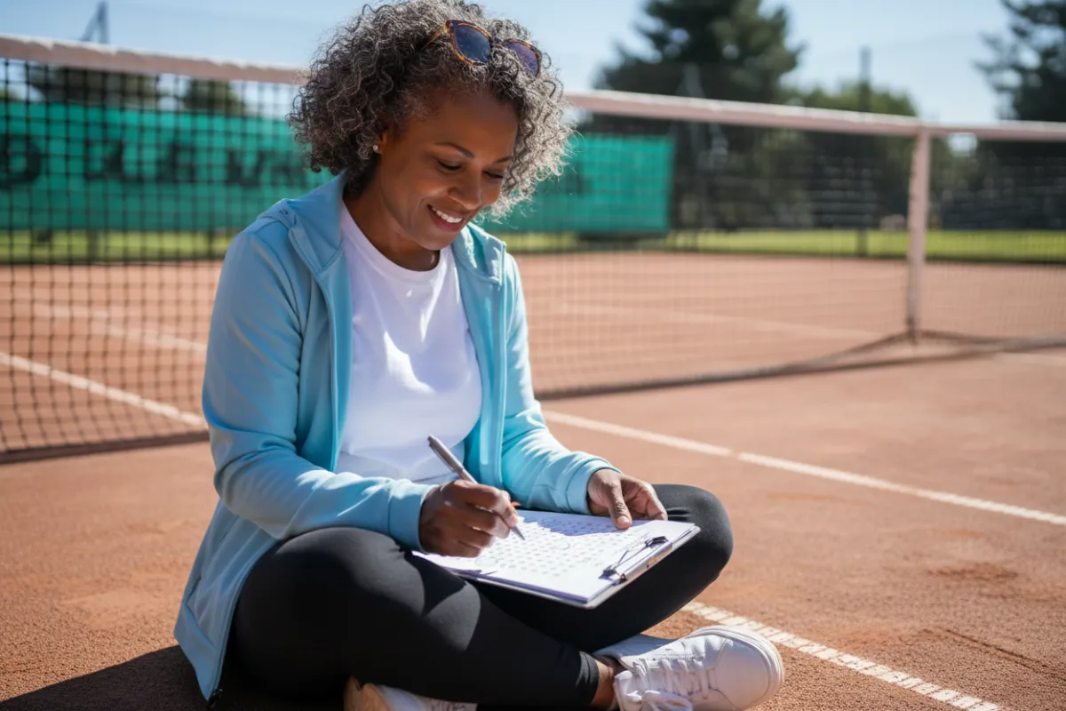 Black woman, about 55, at a tennis court solving a word search activity sheet