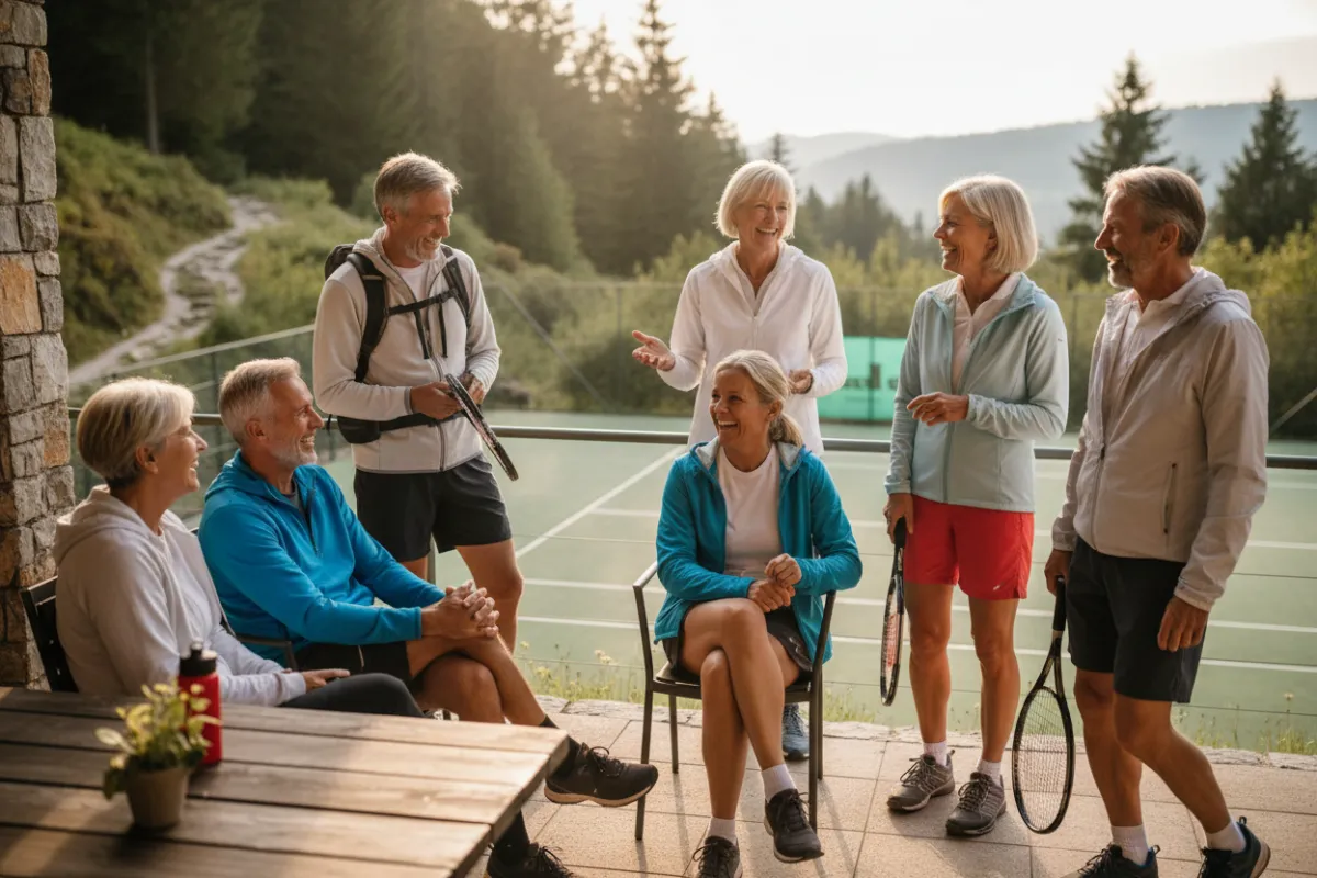 Active adults (55+) hiking together on a sunny trail, wearing athletic gear and smiling