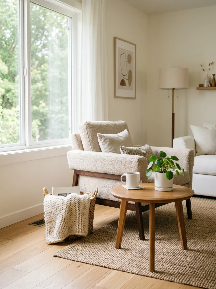 Cozy living room interior with a beige armchair, wooden coffee table, white mug, and small potted plant. Natural light from a window.