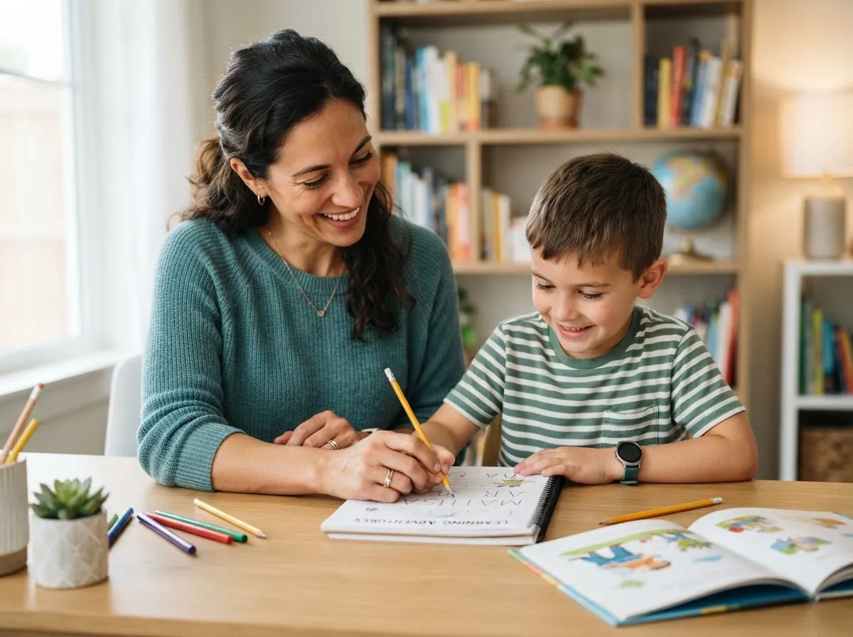 A woman helping a young boy write at a desk, looking happy and engaged in learning together.