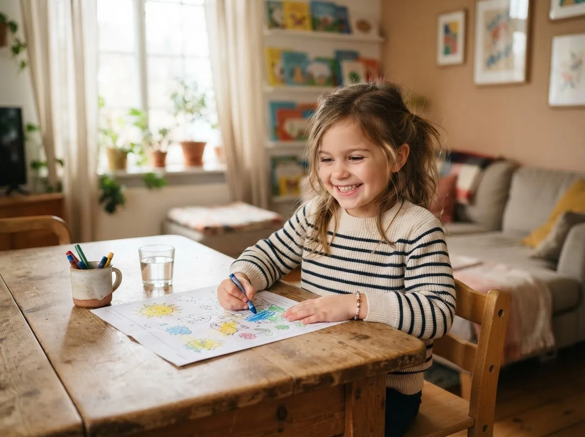A young girl smiling brightly while coloring or drawing on a worksheet at a table in a cozy home setting.