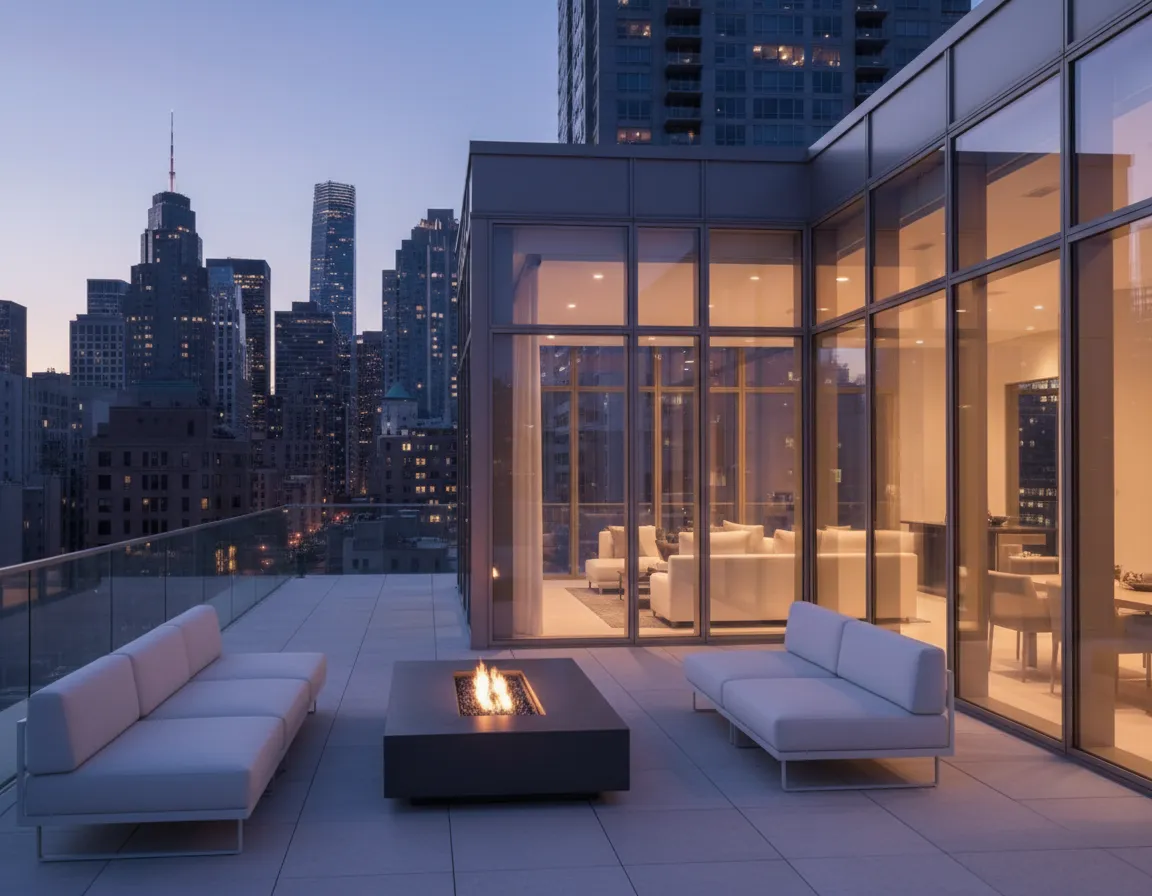 Glass‑front penthouse living room with skyline view