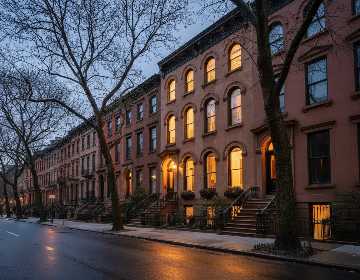 Modern brownstone facade with warm lighting at dusk