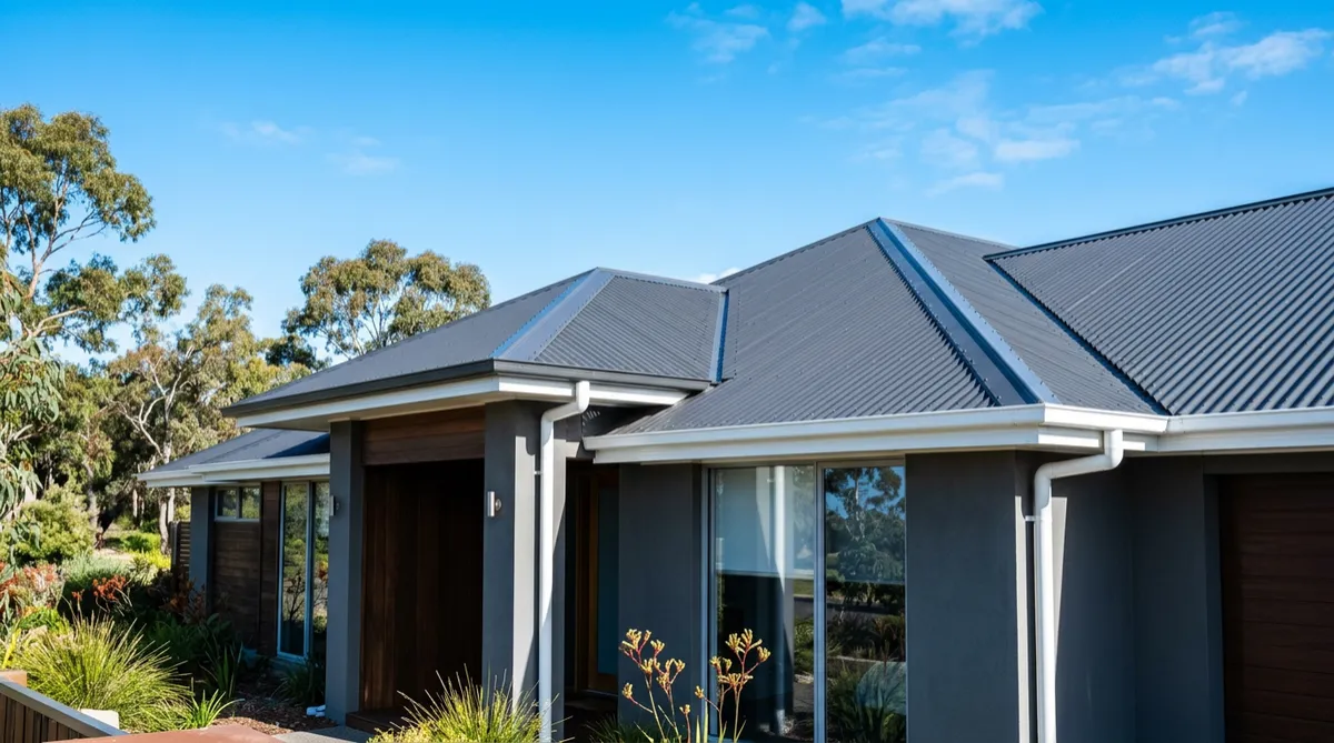 Australian suburban home undergoing high-pressure roof restoration and gutter replacement