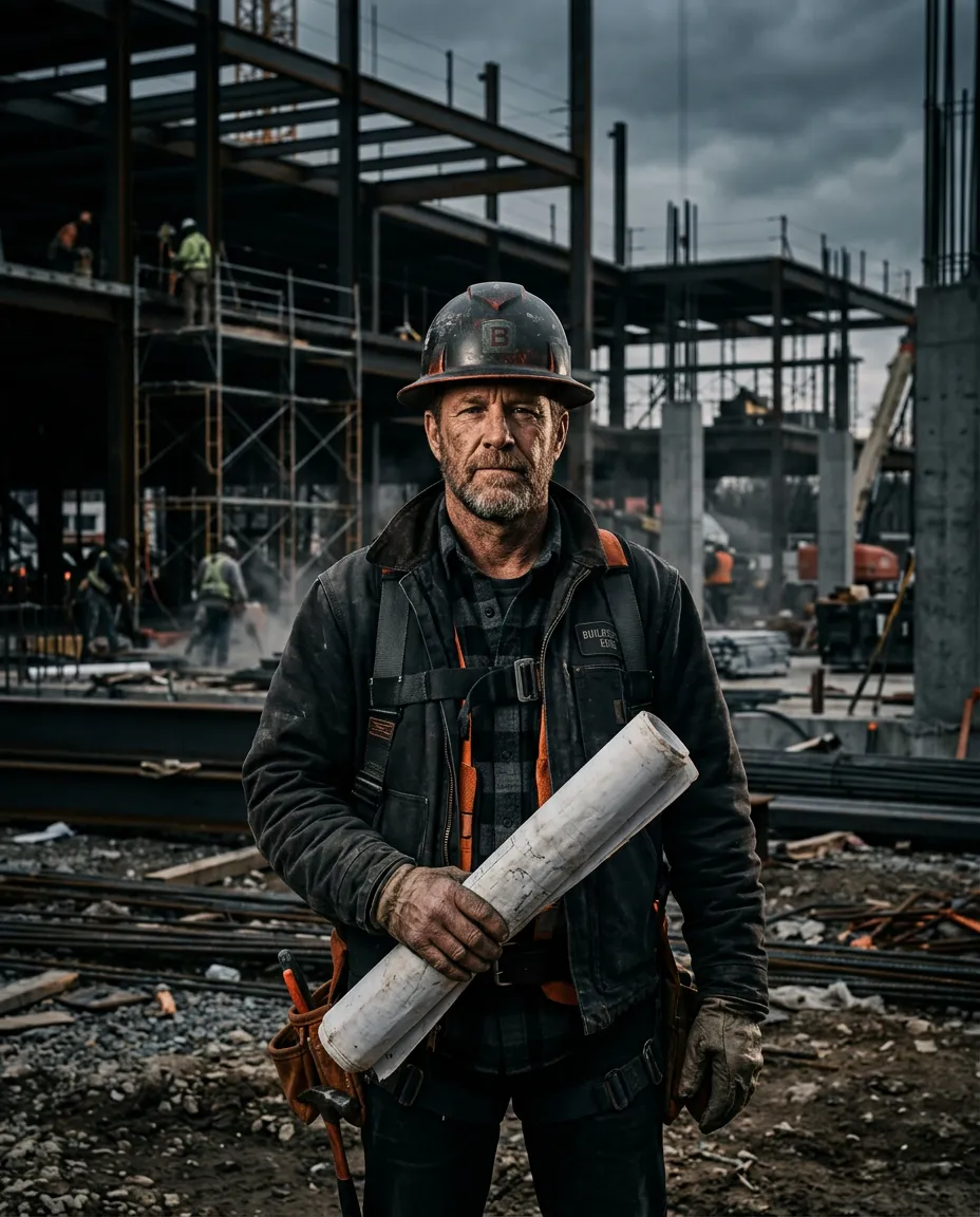 Paul Everett on an active commercial construction site reviewing blueprints
