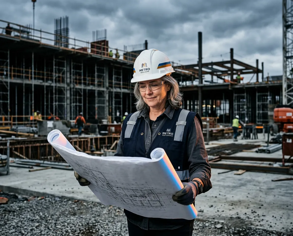 Commercial construction superintendent reviewing architectural plans on site