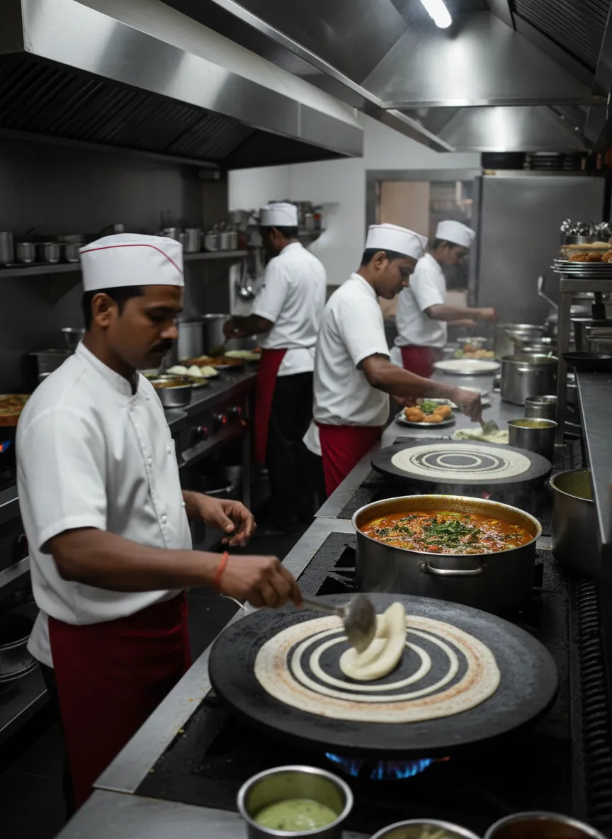 Kitchen staff preparing South Indian dishes