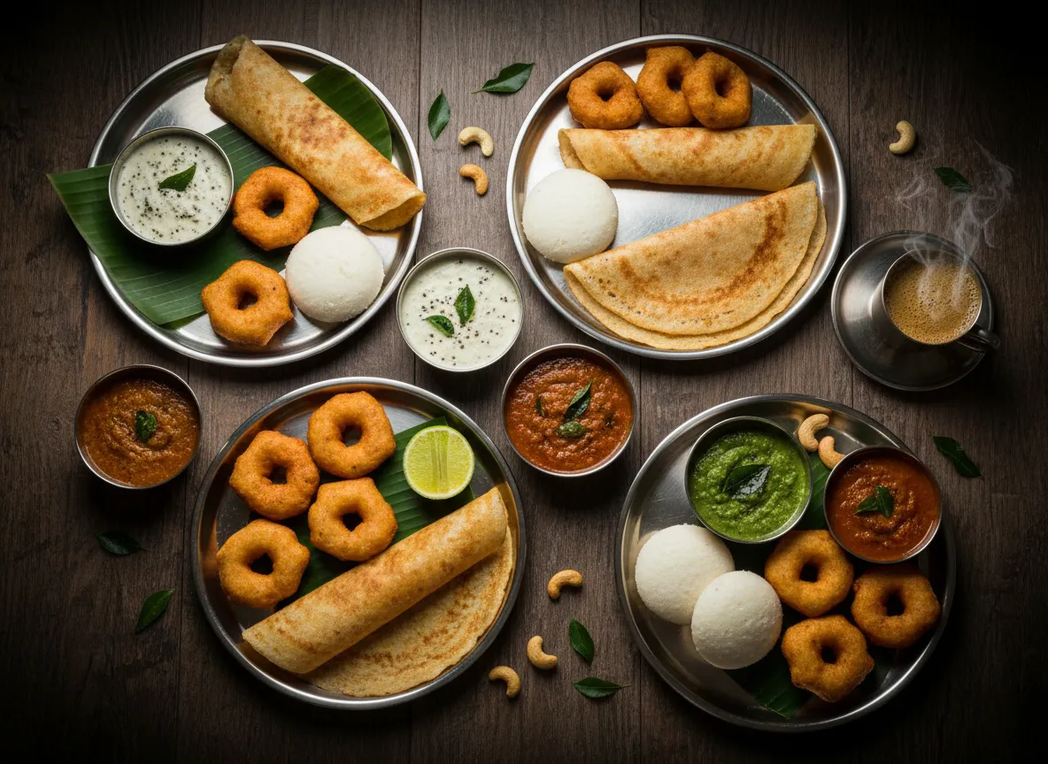 Assorted South Indian breakfast with dosa, idli and vada