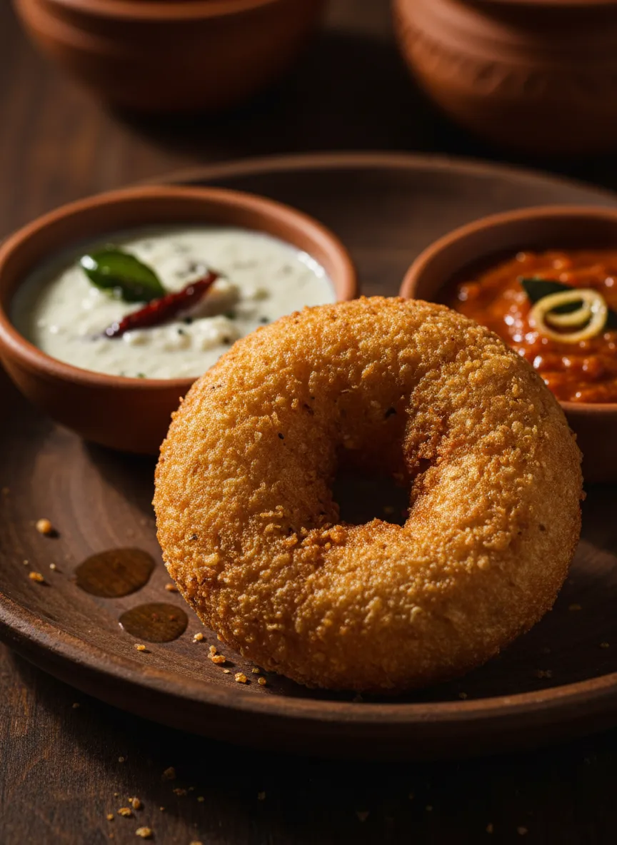 Close up of crispy vada and chutney