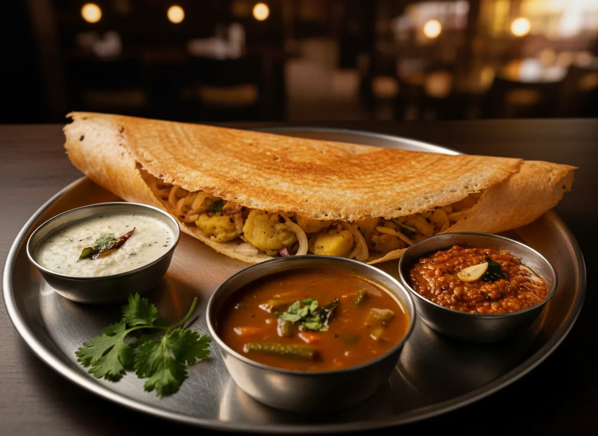 Crisp masala dosa served with chutney and sambar