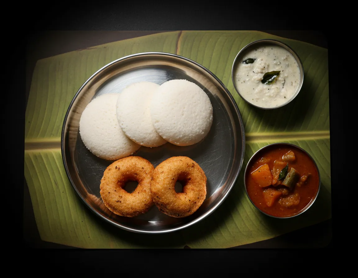 Soft idli and vada with sambar and chutney
