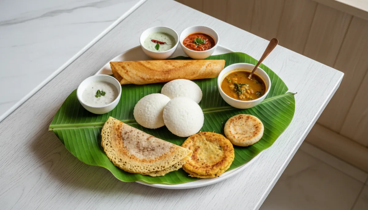South Indian idly and dosa on a plate