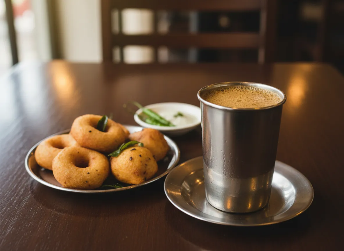 Traditional South Indian filter coffee in steel tumbler and davara