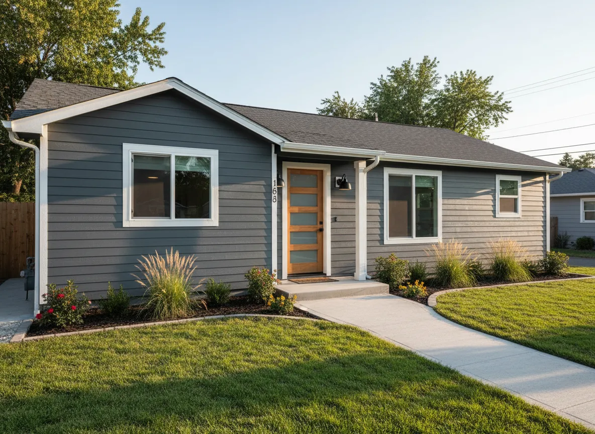 Updated home exterior with new siding and landscaping
