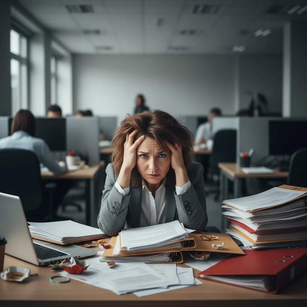 A small business owner, mid-30s, sitting at a cluttered desk with paperwork and a laptop, looking overwhelmed. The background is a busy office with muted colors, conveying the stress and challenge of managing marketing in a competitive environment.