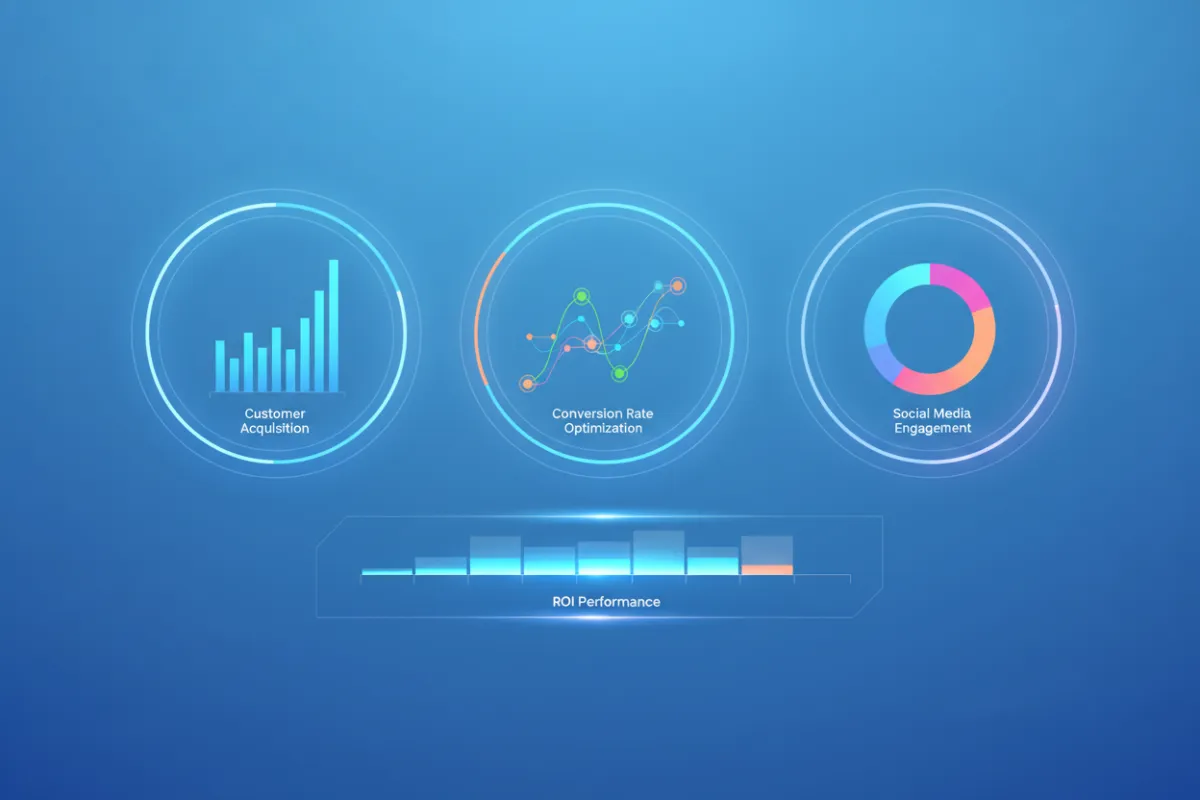 A modern, high-contrast digital dashboard displaying AI-driven marketing analytics, with vibrant charts and graphs, set against a sleek blue gradient background. The interface is clean, futuristic, and visually engaging, suggesting advanced technology and actionable insights for small business owners.