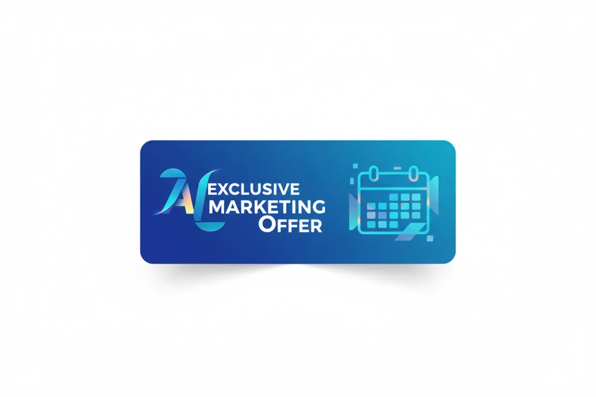 A digital discount voucher with bold text reading 'Exclusive AI Marketing Offer', featuring a modern blue and teal color palette, subtle holographic effects, and a small calendar icon, set on a clean white background.