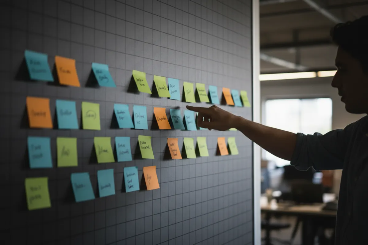 Roadmap whiteboard with sticky notes and a team member pointing