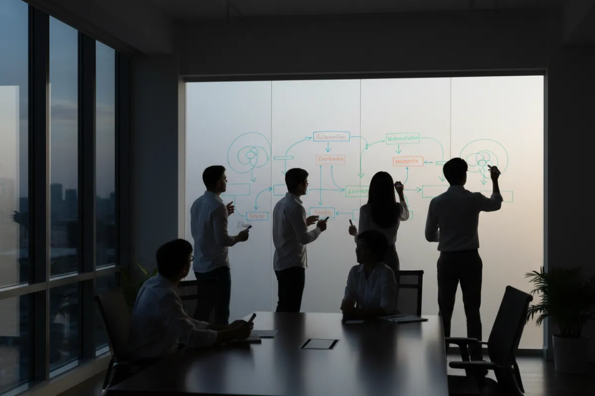 Team whiteboarding automation workflows in a bright meeting room, dynamic composition.