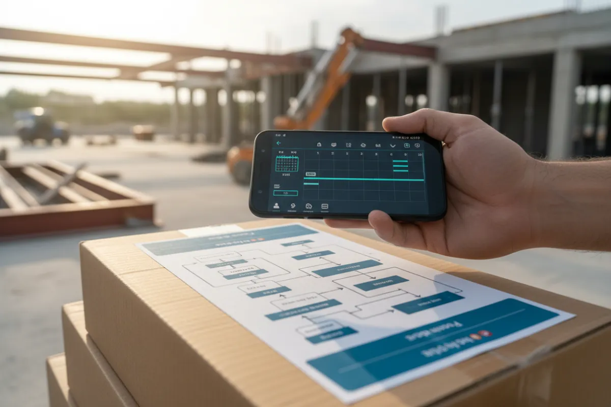 Scheduling interface on a mobile phone held by a worker at a job site