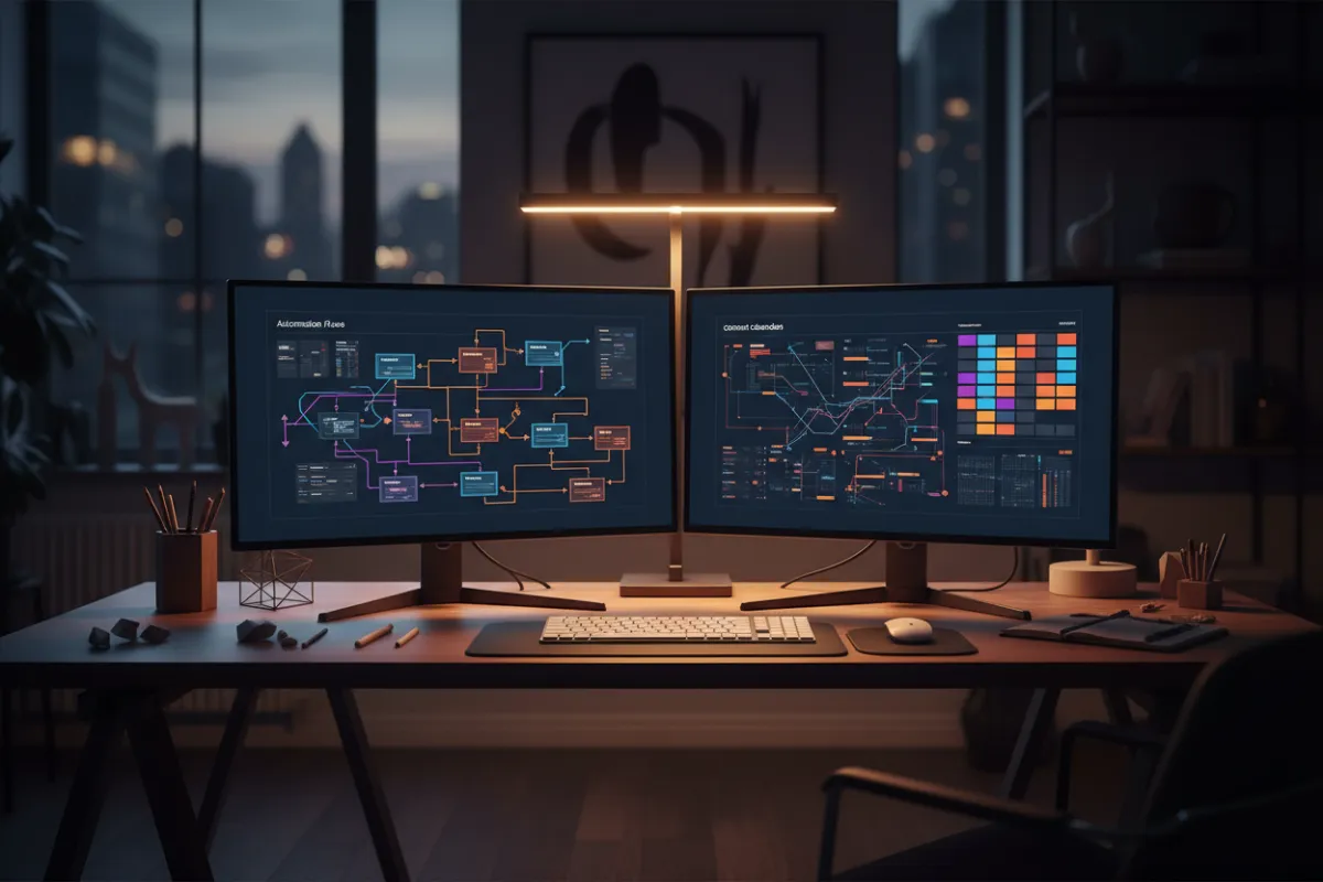Creative studio desk with dual monitors showing automation flows and content calendars