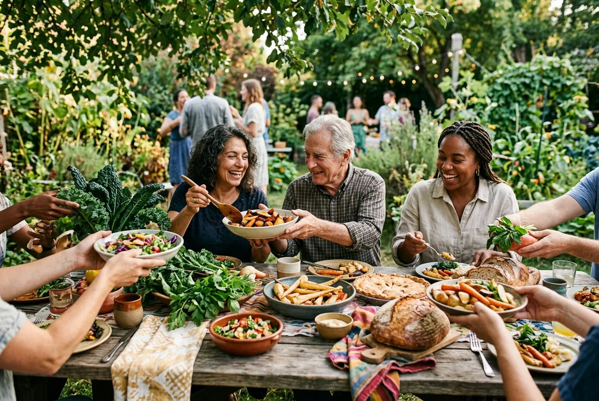 Neighbors gathered around a communal harvest table preparing food outdoors
