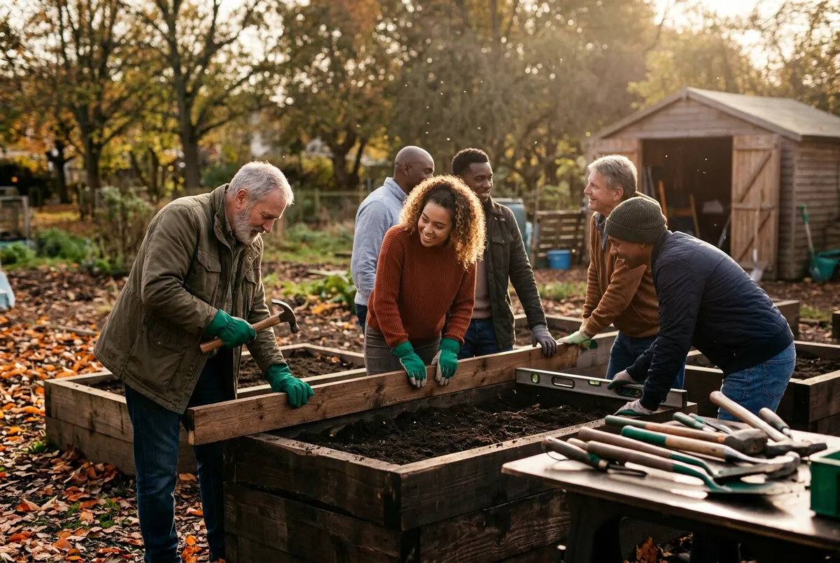Community members preparing garden beds together at autumn workshop
