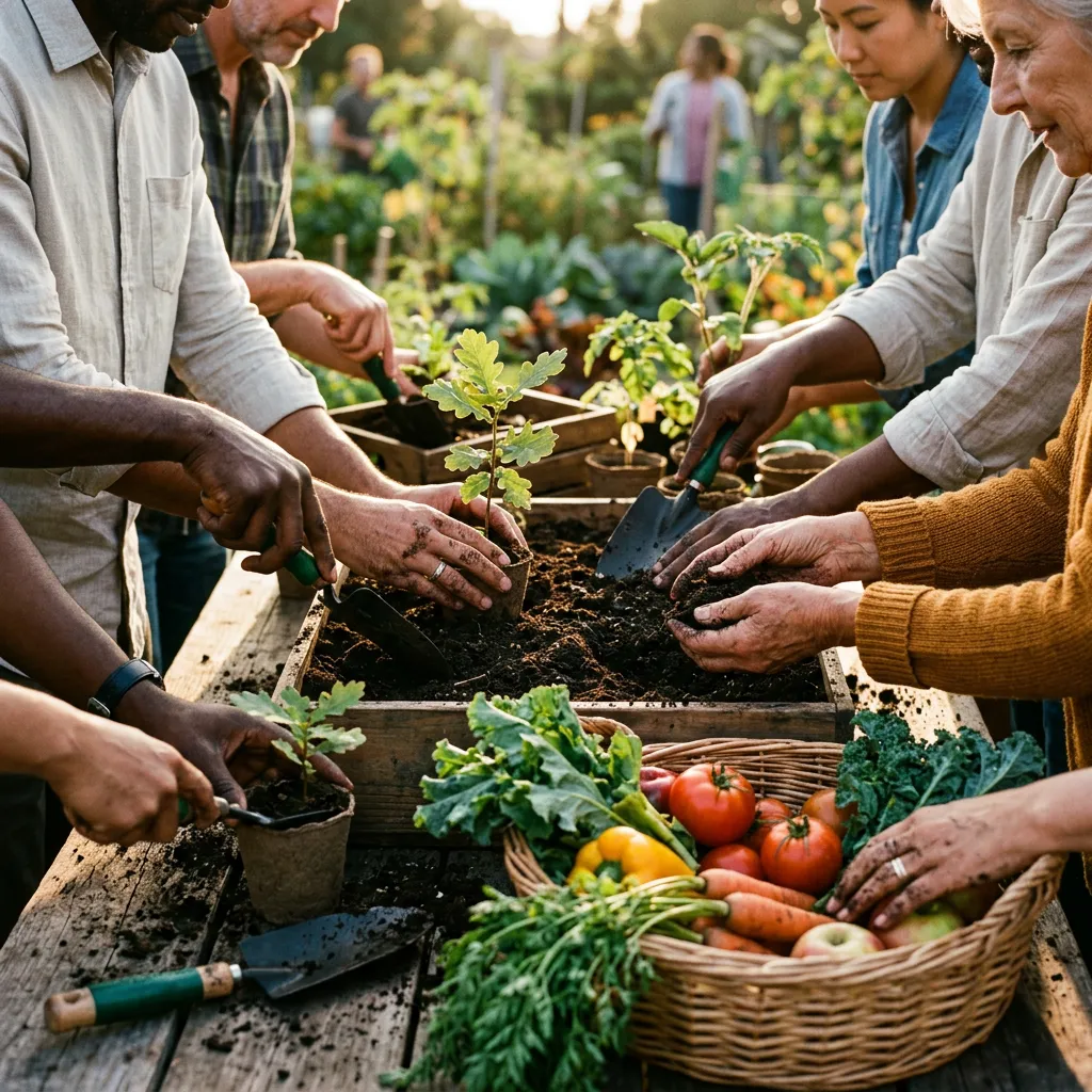 Warm community members gathering outdoors around a handcrafted wooden table sharing seasonal food