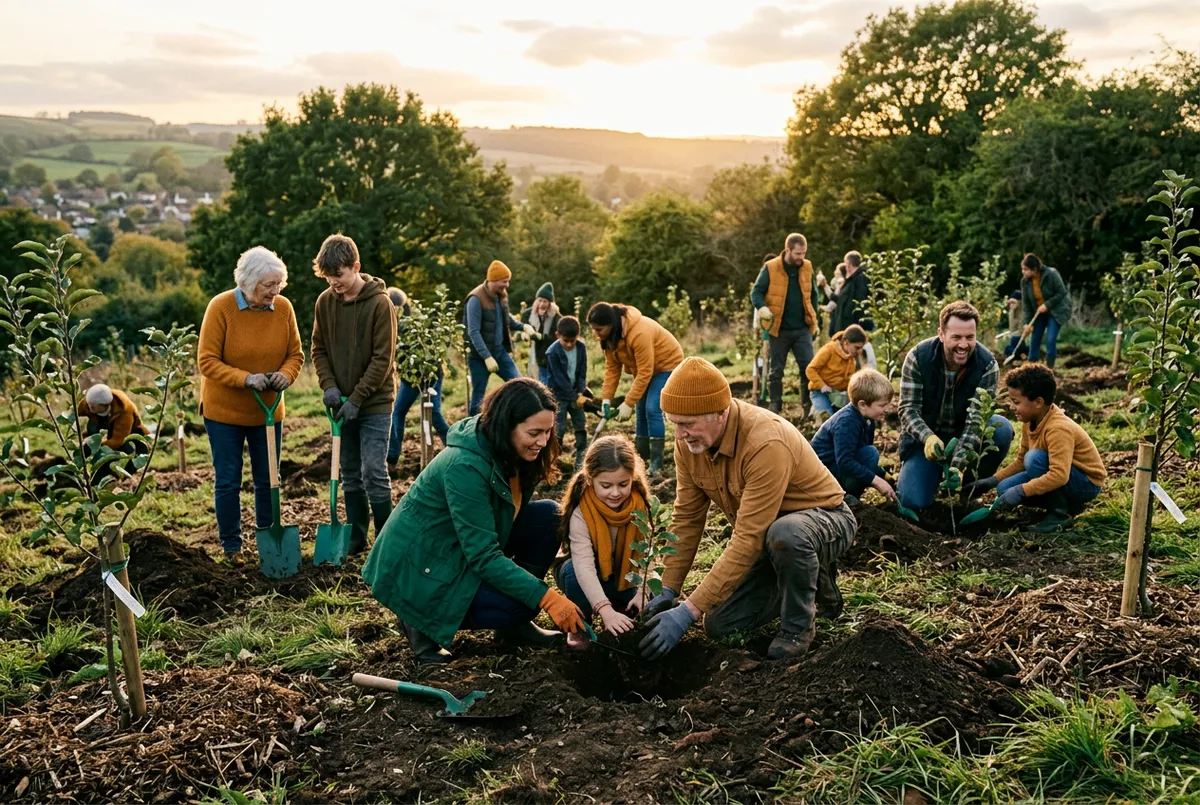 Families and volunteers planting heritage fruit saplings in community orchard