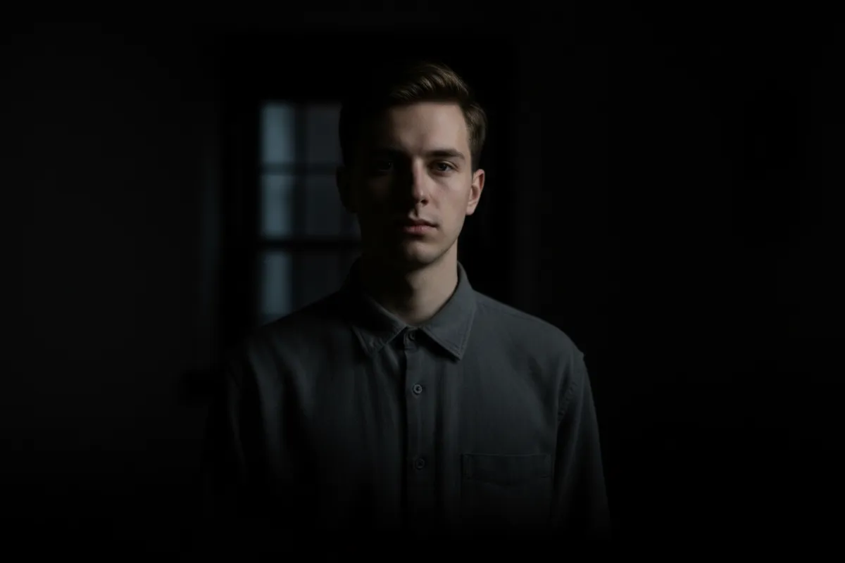 Person wearing a shirt on dark background