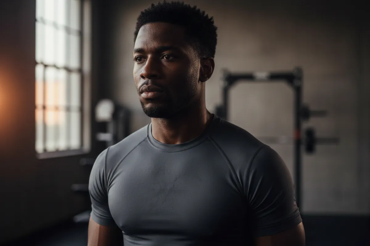 African American man wearing an athletic shirt, cropped at torso; no bare chest visible