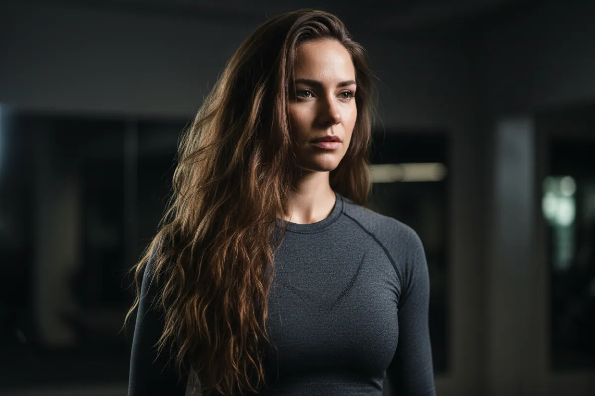 Woman with longer hair wearing a shirt, cropped at torso; no bare chest visible