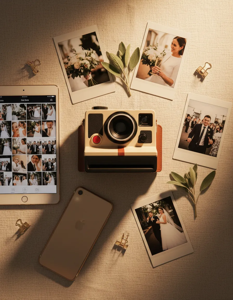 Foto di polaroid e dispositivi mobili che evocano la condivisione spontanea