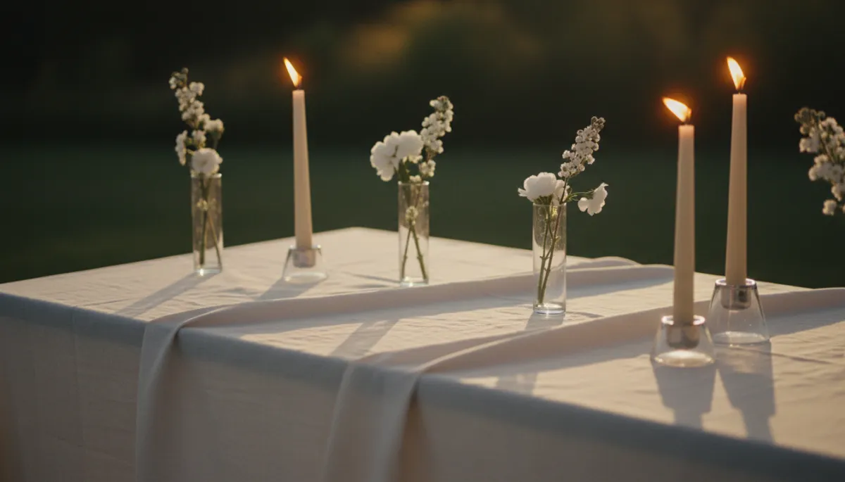 Cinematic detail of candles on linen and golden light