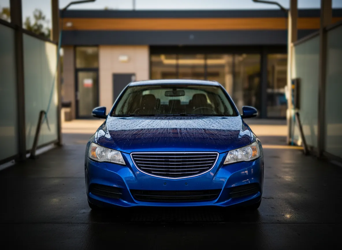 Clean blue car with water droplets at Will's Car Wash